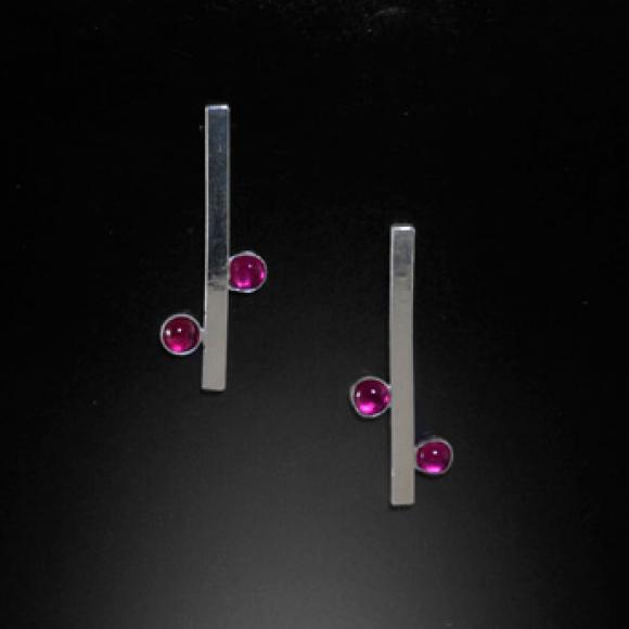 Silver Bar Earrings with Small Bezel Set Rubies